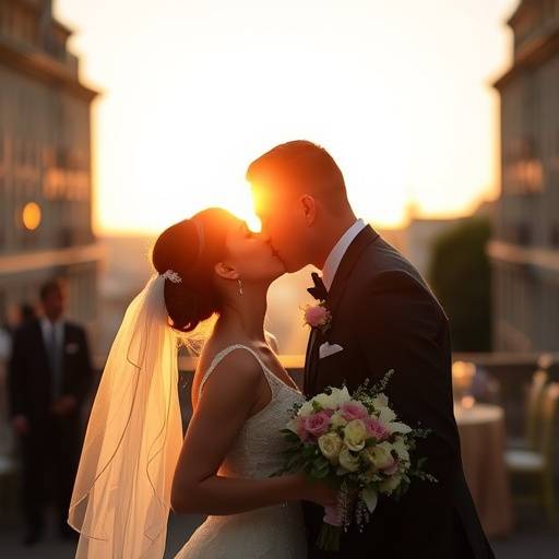 Image d'un couple de mari√©s √©changeant un baiser lors de leur mariage √† Lyon