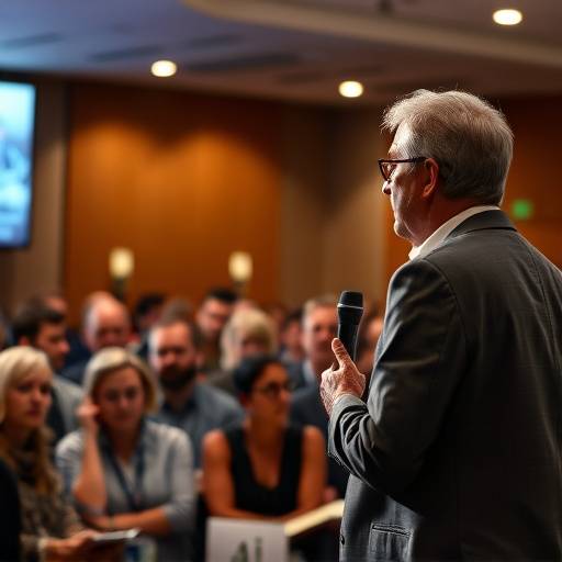 Photographie d'un conf√©rencier passionn√© s'adressant √† un public attentif lors d'une conf√©rence sur l'intelligence artificielle