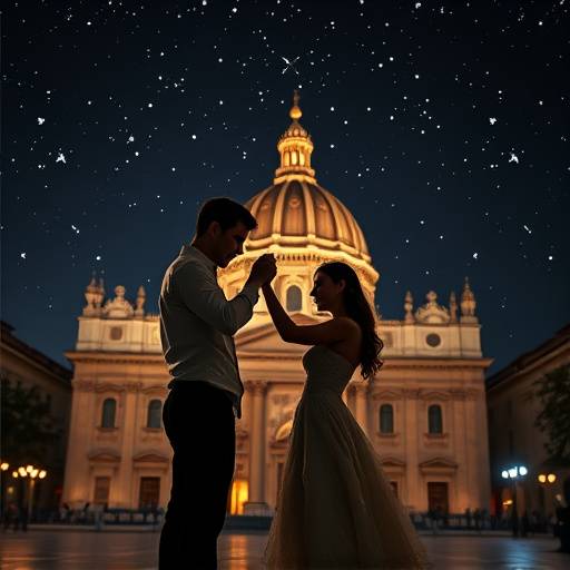 Photographie d'un couple de jeunes mari√©s dansant leur premi√®re danse sous un ciel √©toil√©, avec la basilique de Fourvi√®re illumin√©e en arri√®re-plan