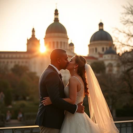 Photographie d'un couple mari√© √©changeant un baiser devant la basilique de Fourvi√®re √† Lyon