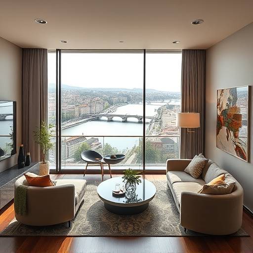 Photographie d'un int√©rieur d'appartement de luxe avec une vue panoramique sur Lyon depuis le quartier de la Confluence