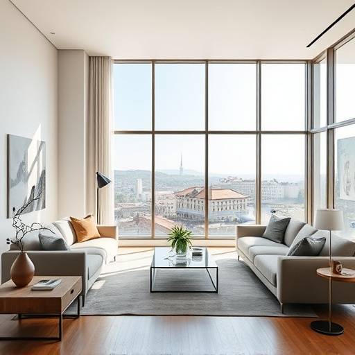 Photographie d'un salon spacieux et lumineux avec une vue imprenable sur Lyon, mettant en valeur les meubles design et les finitions haut de gamme