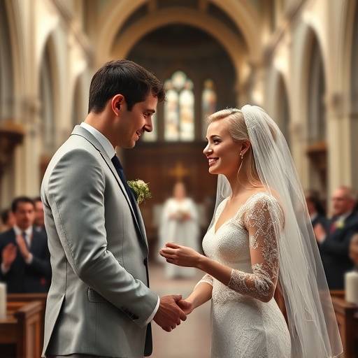 Photographie d'une c√©r√©monie de mariage religieuse avec les mari√©s √©changeant leurs alliances dans une √©glise lyonnaise