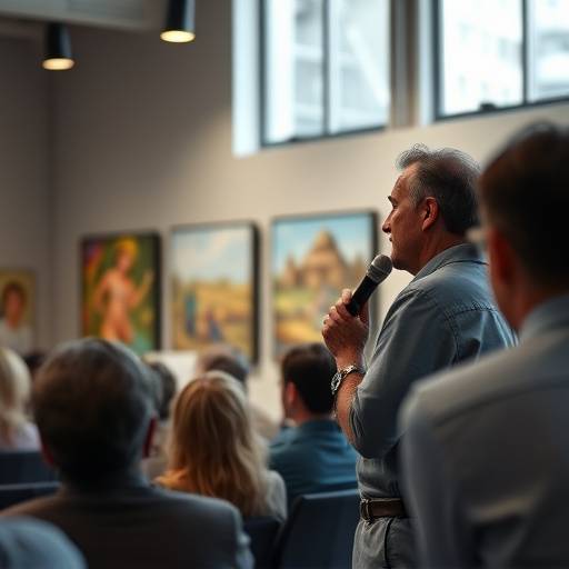 Photographie d'une conf√©rence artistique avec un orateur passionn√© pr√©sentant son travail devant un public attentif