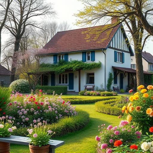 Photographie d'une maison de campagne avec un grand jardin fleuri, captur√©e au printemps avec une lumi√®re douce