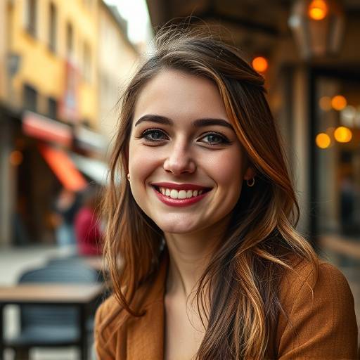 Portrait en couleur d'une jeune femme souriante, assise dans un caf√© du Vieux Lyon avec une lumi√®re chaude et accueillante