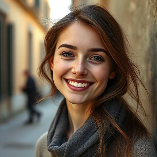 Portrait en lumi√®re naturelle d'une jeune femme souriante, pris dans le Vieux Lyon