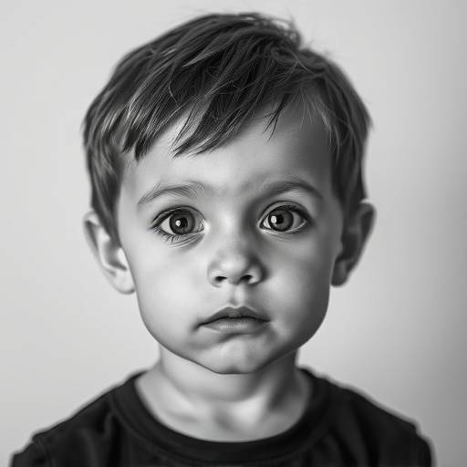 Portrait en noir et blanc d'un jeune enfant regardant l'objectif avec un air curieux, captur√© dans un studio √† Lyon